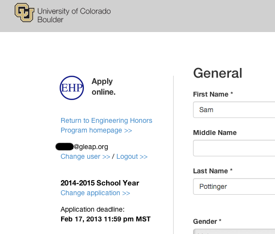 Screenshot of the EHP apply online application
