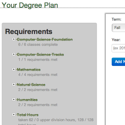 Screenshot of the degree planner