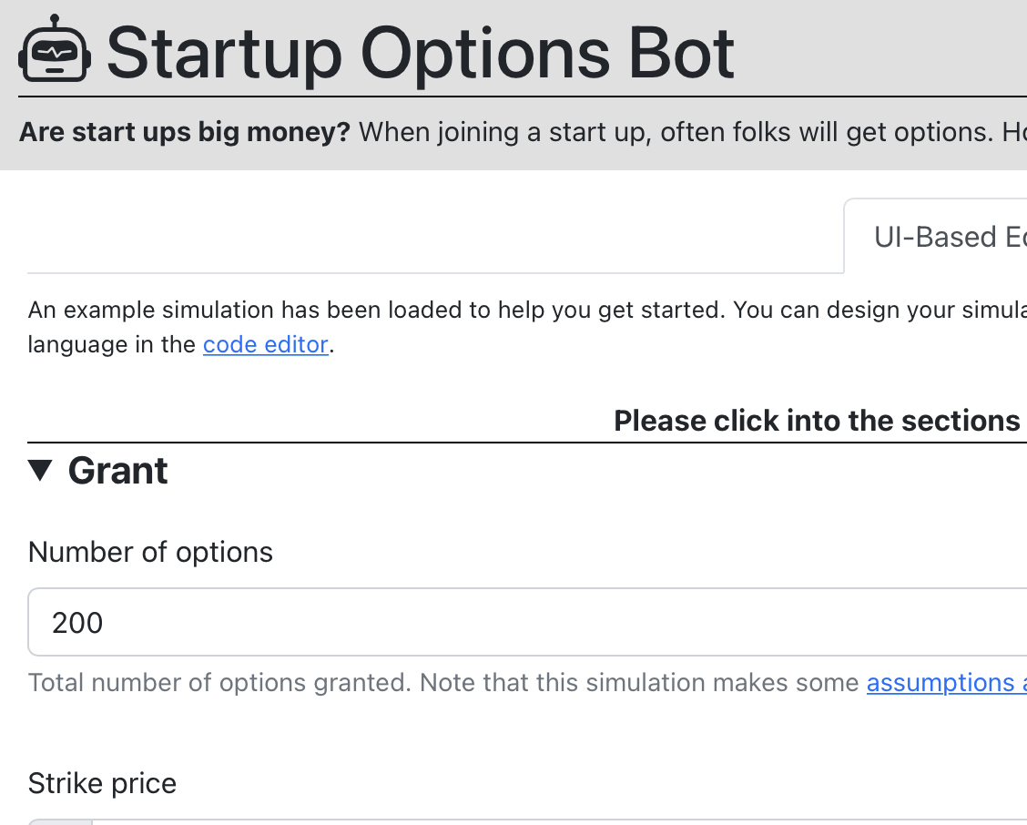 Screenshot from tool for simulating options outcomes.